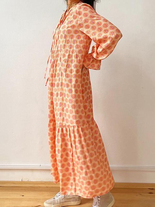Women Fashion Print Tie-Up Front Long Sleeve V-Neck Dress