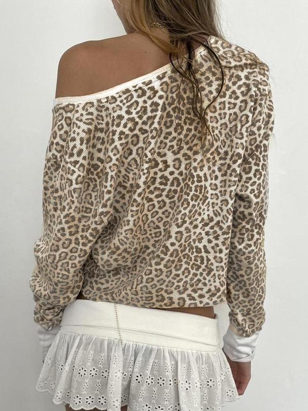 Women's V Neck Leopard Print Front Button Long Sleeve Tee