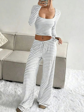 Women’s Slouchy Square Neck Stripe Long Sleeve Crop Top And Low-Rise Wide Leg Trousers Co-ord