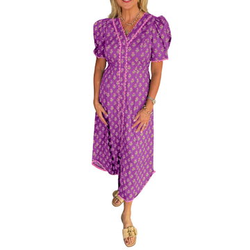 Women's V-neck Puff Sleeve Contrast Print Maxi Dress