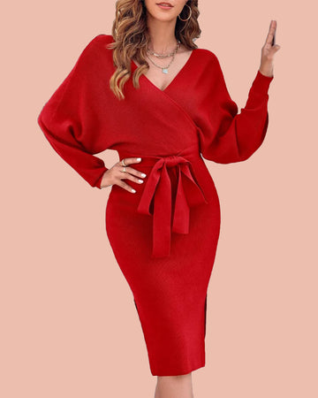 Women's Wrap V Neck Slit Sweater Dresses
