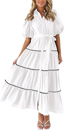 Women's Summer Button Down Shirt Dress Short Puffy Sleeve Tiered Ruffle Flowy Long Maxi Dresses