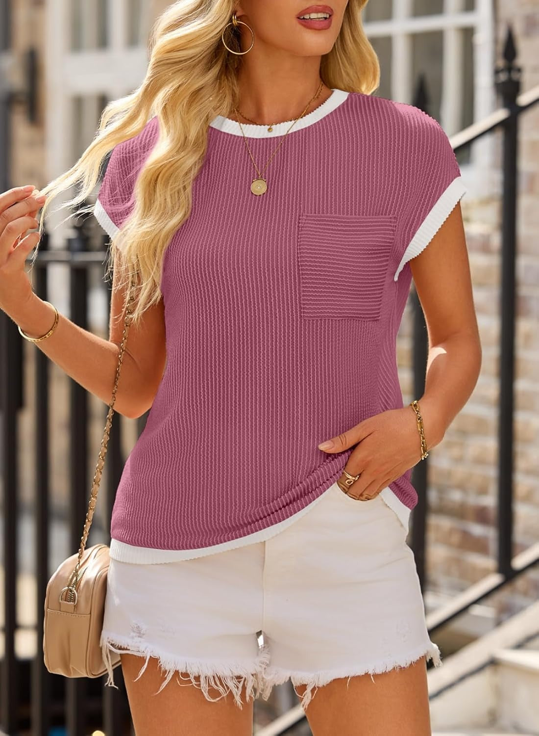 Women's Short Sleeve T Shirts Crewneck Color Block Ribbed Knit Tee