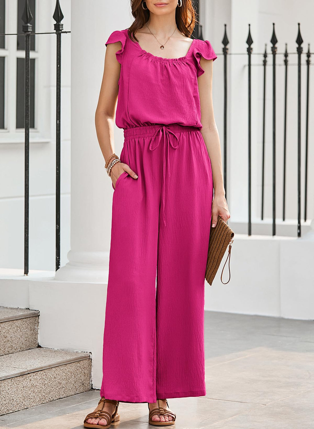 Summer Women's Summer Ruffle Sleeves Square Neck Drawstring Overalls with Pockets