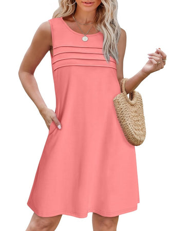 Women’s Sleeveless Pleated Front Tank Dresses with Pockets