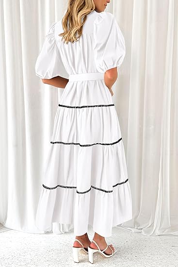 Women's Summer Button Down Shirt Dress Short Puffy Sleeve Tiered Ruffle Flowy Long Maxi Dresses