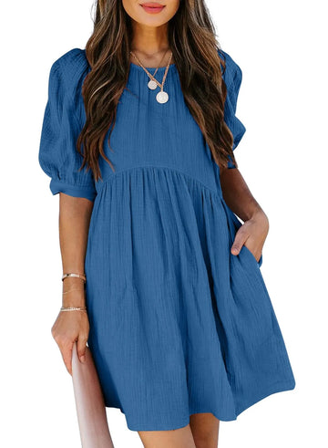 Women's Round Neck Puff Sleeve Baby Doll Dress With Pockets
