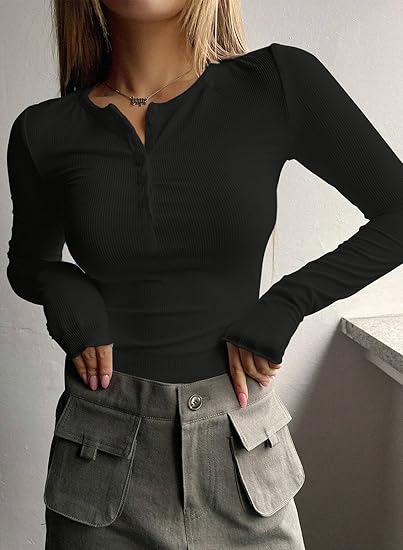 Long Sleeve Shirts for Women V Neck Henley Tops Slim Fit Basic Ribbed Knit Button Down T Shirts Y2K Tops