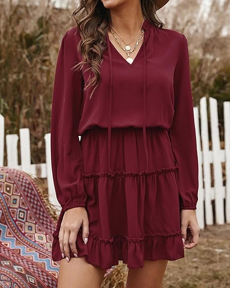 Women Casual Tie V Neck Long Sleeve Ruffle Tiered Swing Tunic Mini Dress