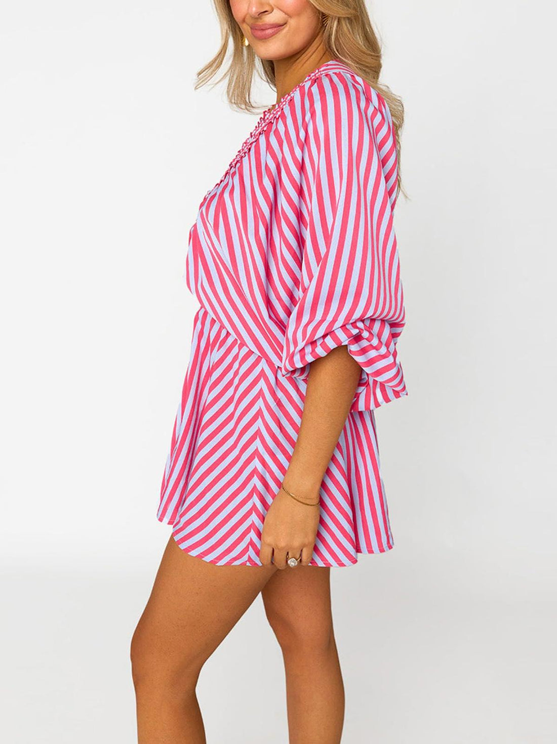 Women's Puff Sleeve Bodysuit Deep V Neck Printed Jumpsuit