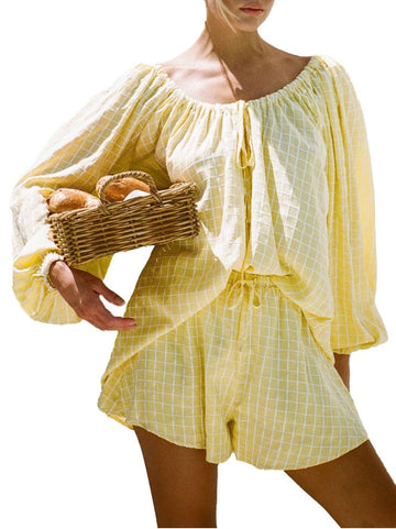 Women's Plaid Puff Sleeve Long Sleeve Top Shorts Two-piece Set