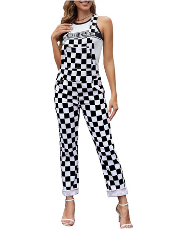 Women's Cargo Stretch Checkered Overalls Jumpsuit