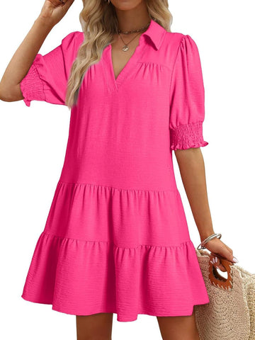 Smocked Sleeve Tiered V-Neck Mini Dress