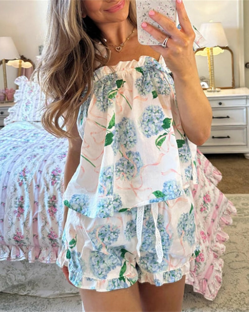 Women's Sleeveless Tie Floral Top and Shorts Two-Piece Set