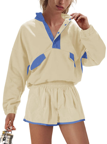 Women's Long Sleeve Top And Shorts Tracksuit Set With Pockets