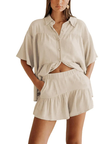 Women's Summer Ruffle Shirt and High Waist Shorts Set