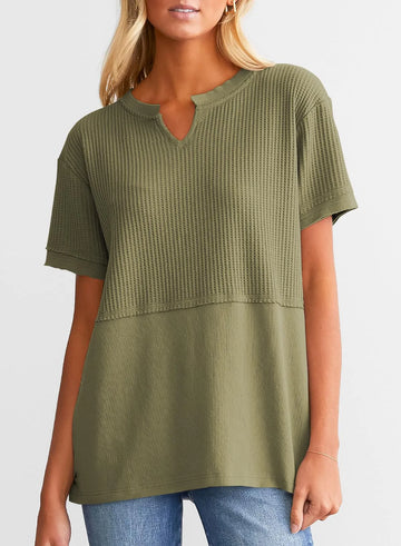 Women's Casual V Neck Waffle Knit Short Sleeve Top
