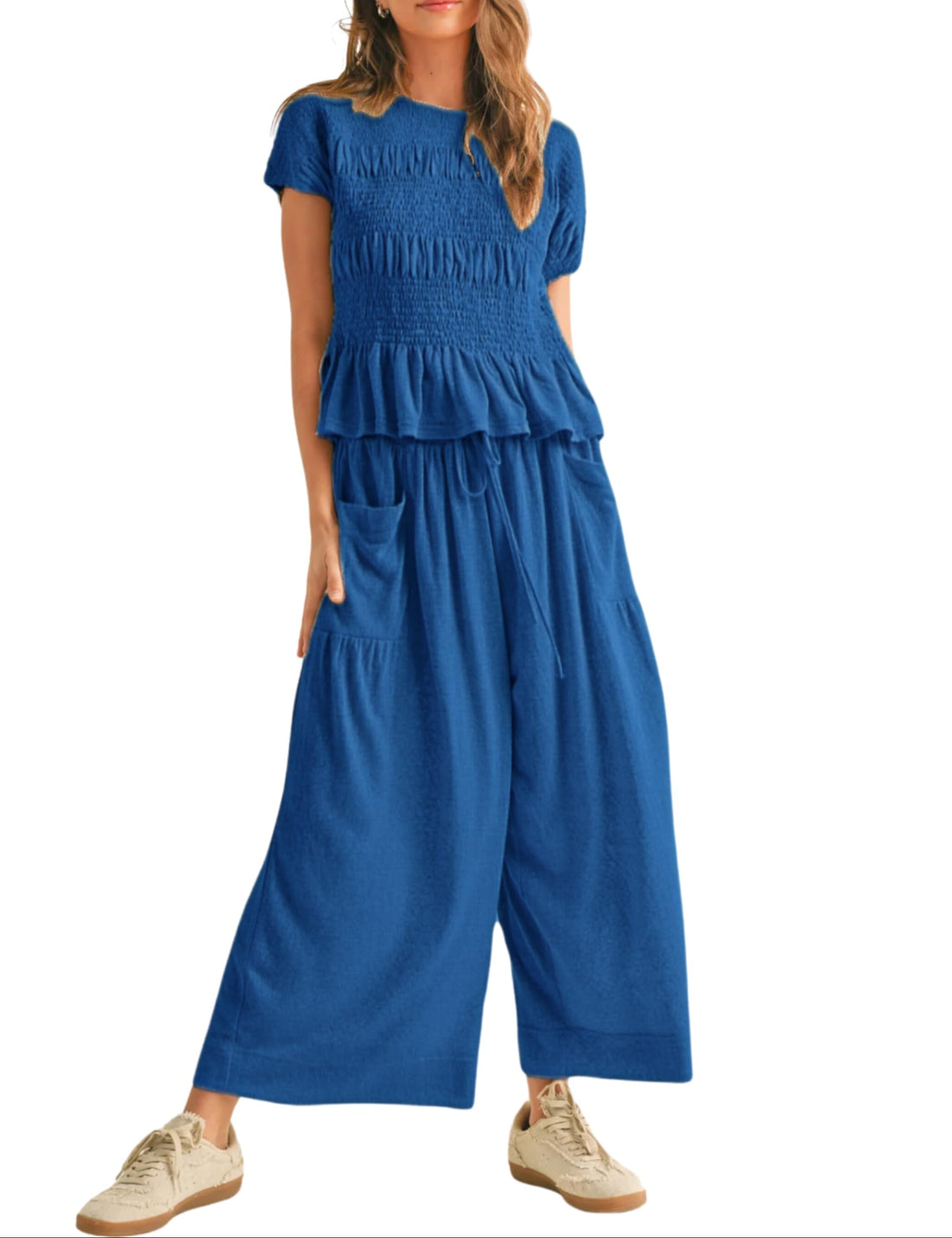 Women's Pleated Top Wide Leg Pants Set with Pockets