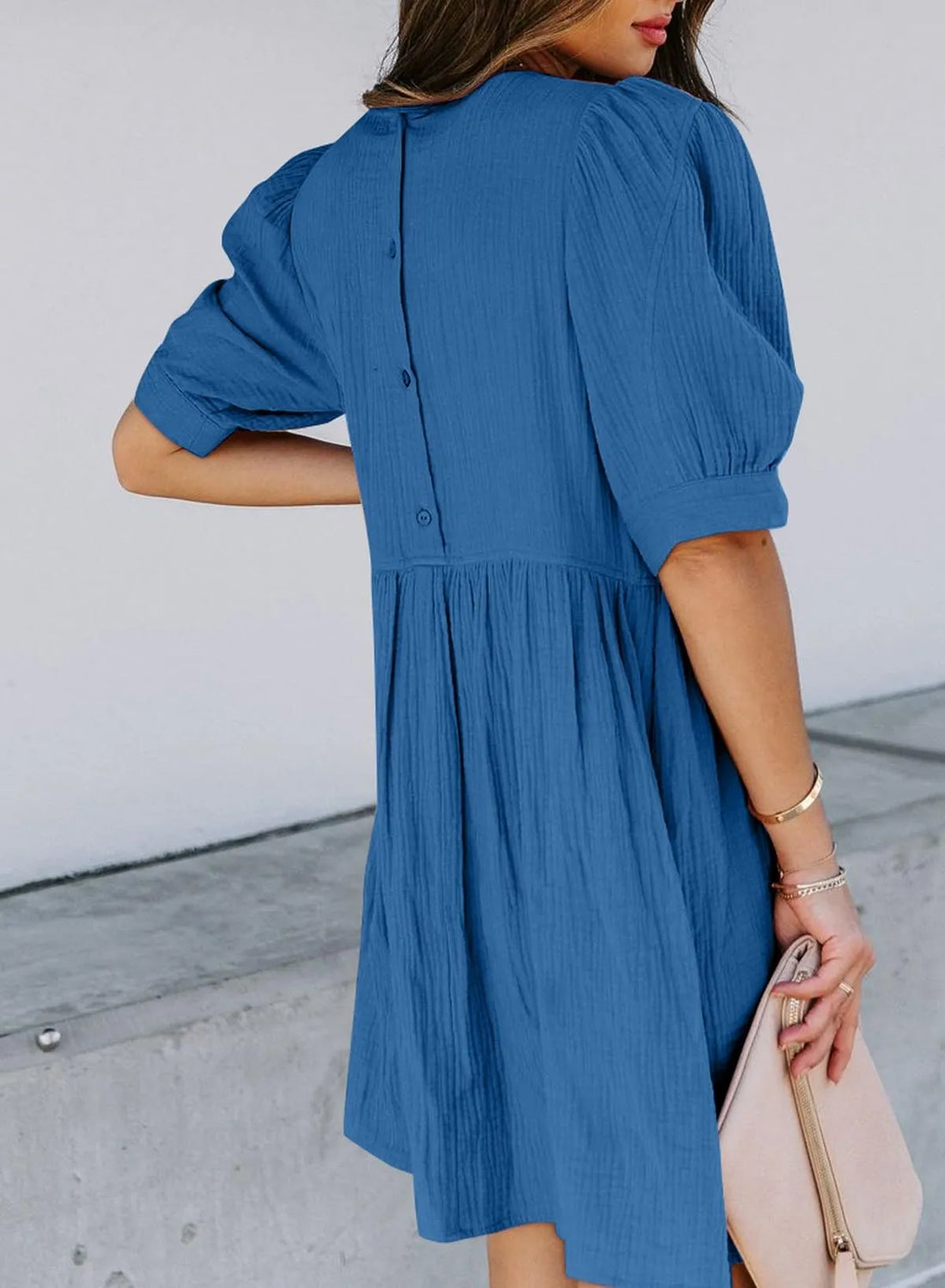 Women's Round Neck Puff Sleeve Baby Doll Dress With Pockets