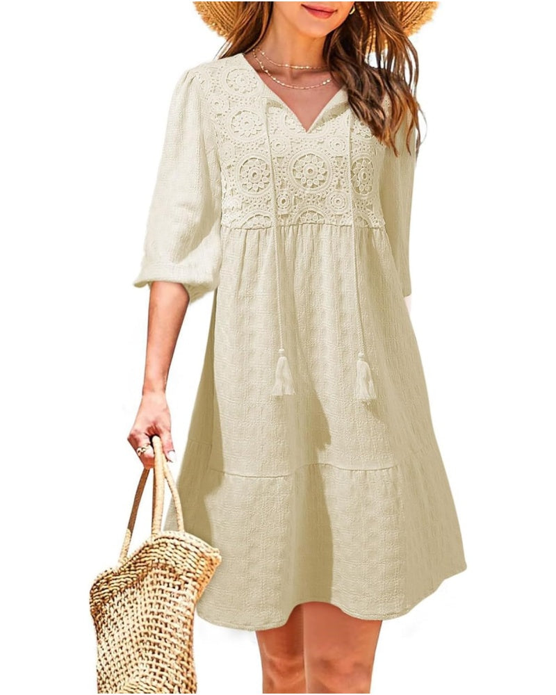 Women's Summer V Neck Drawstring Embroidery Half Sleeve Mini Dress