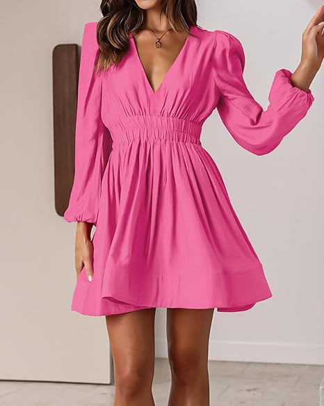 Deep V Long Sleeve A-line High Waisted Casual Flowy Dress
