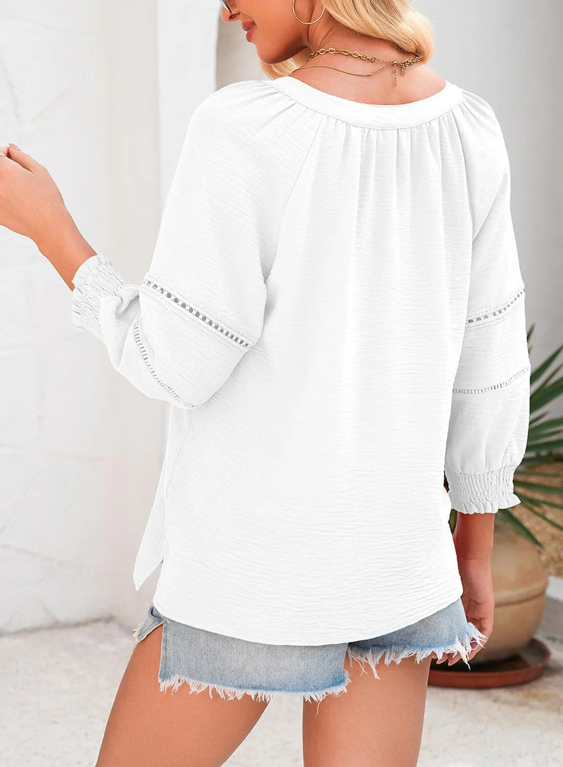 Womens Tops 3/4 Lantern Sleeve V-Neck Pleated Loose Tunic Hollow-Out Blouse