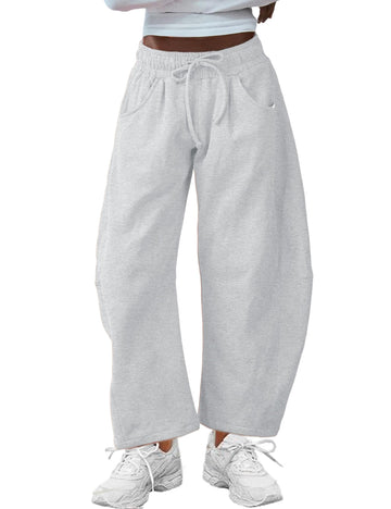 Fall Women's Barrel Leg Elasticated Waistband Soft Wide Leg Pants with Pockets