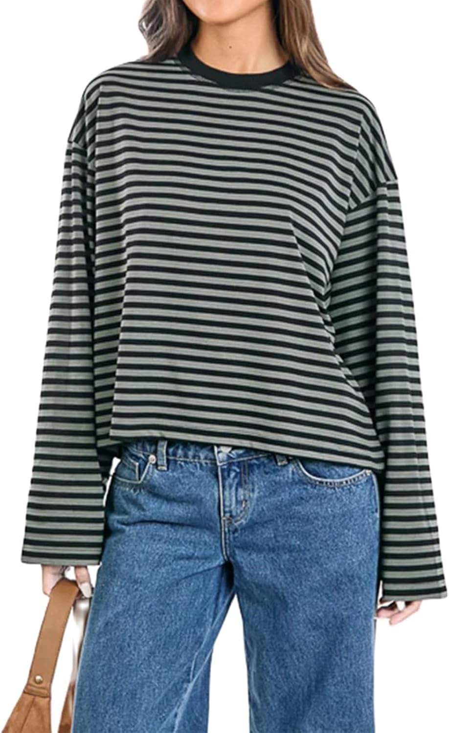 Women's Oversized Striped Cropped Long Sleeve Top