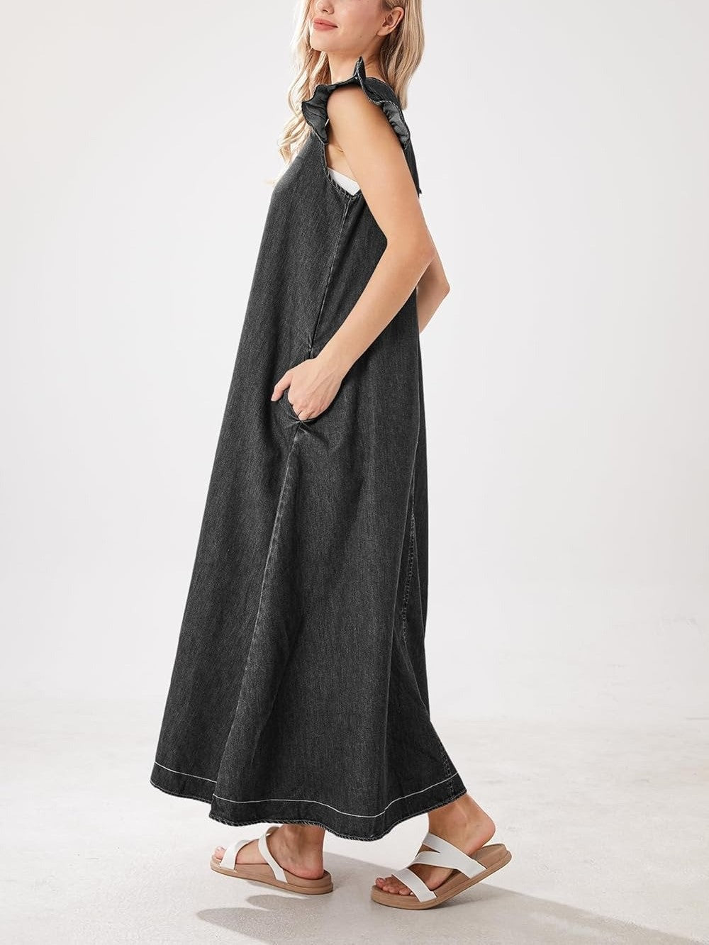 Women's Casual Loose Fit Ruffle Sleeveless V-Neck Denim Maxi Dress