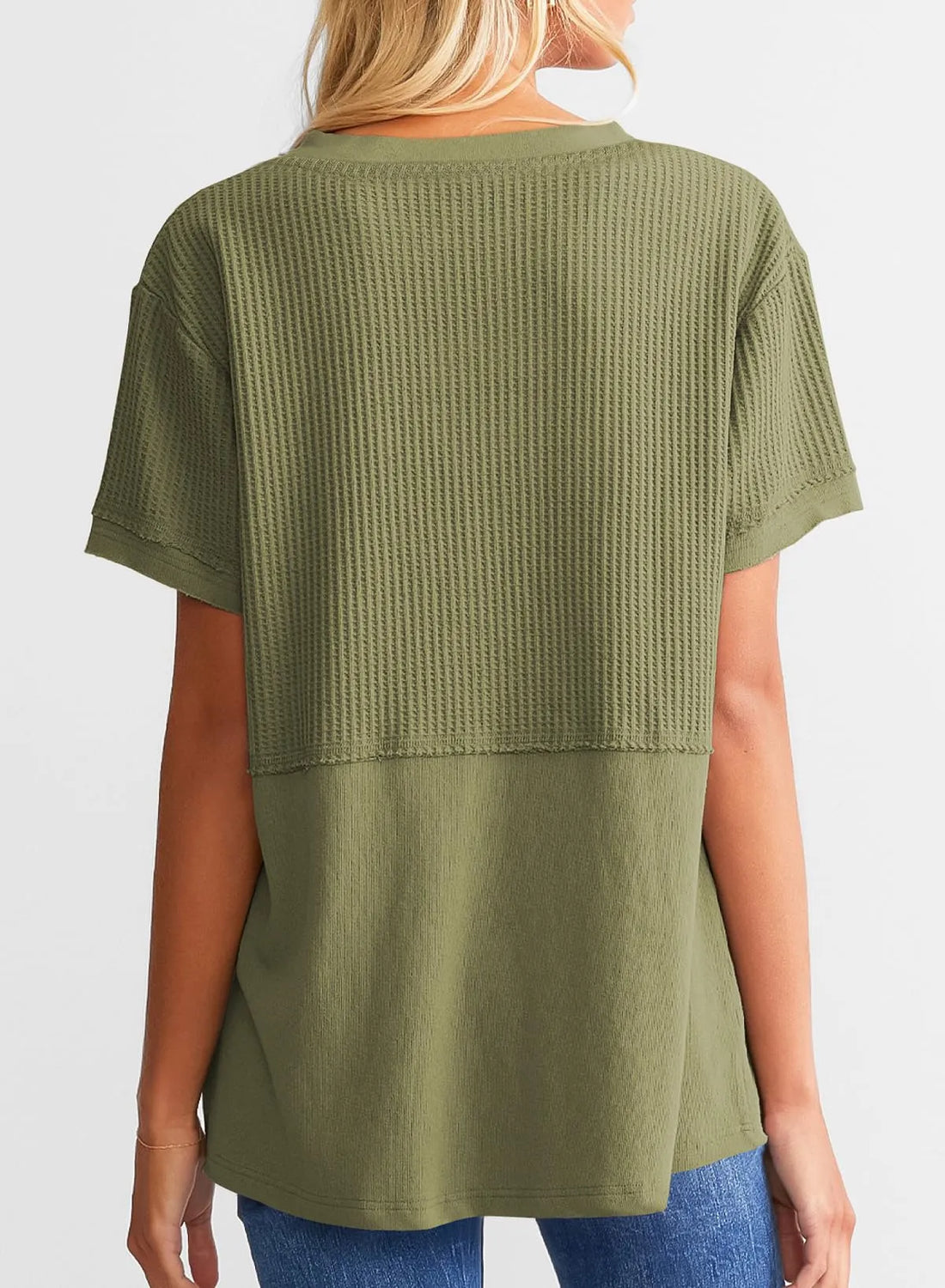 Women's Casual V Neck Waffle Knit Short Sleeve Top