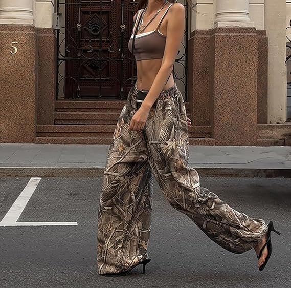 Women Wide Leg Camo High Waisted Drawstring Baggy Jogger Pants With Pockets