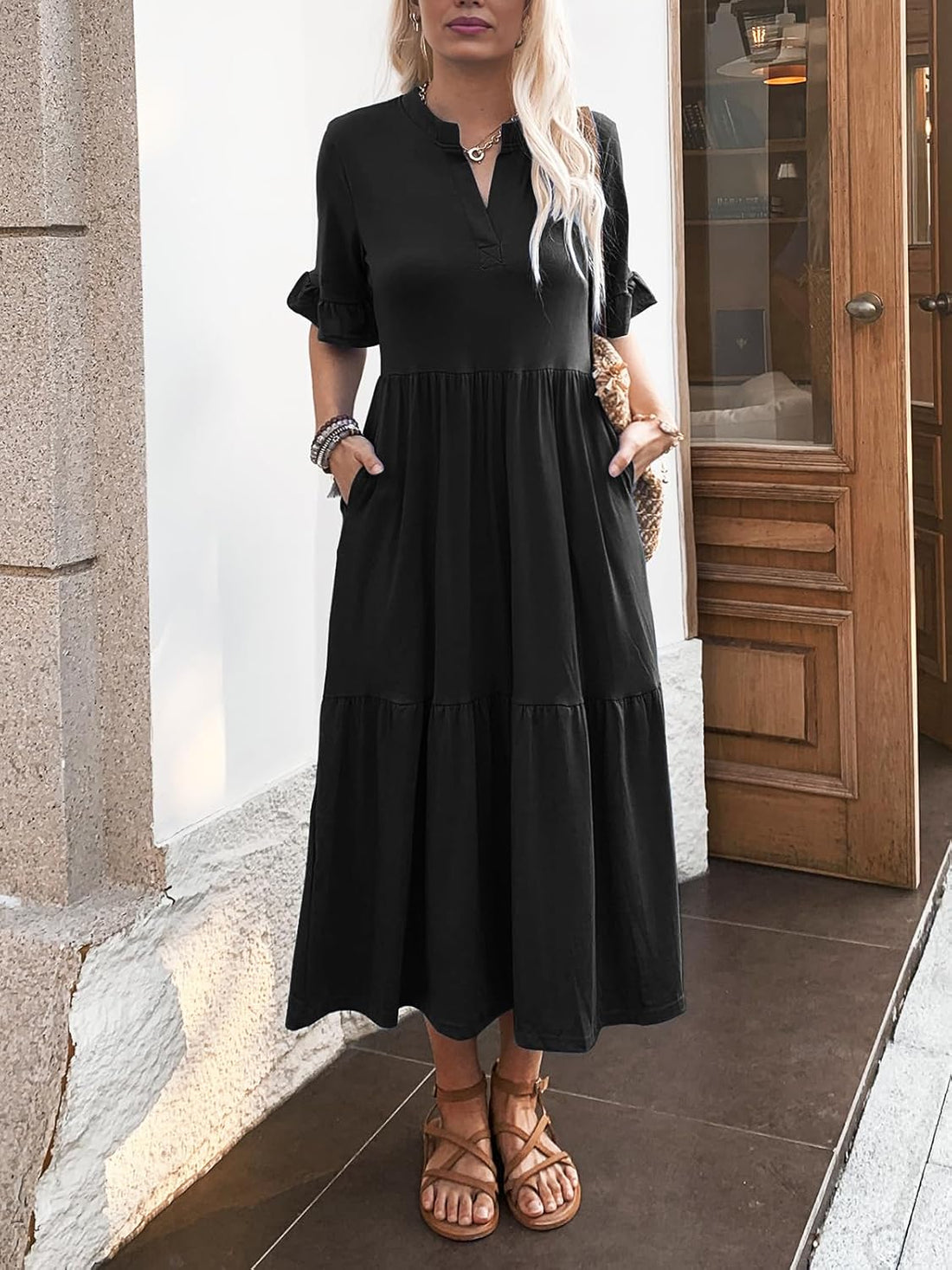 Women's V Neck Casual A Line Loose Tiered Long Dresses