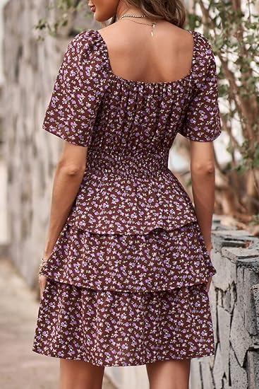 Women's Floral Summer Square Neck Short Sleeve Tiered Ruffle Boho Swing Short Dresses
