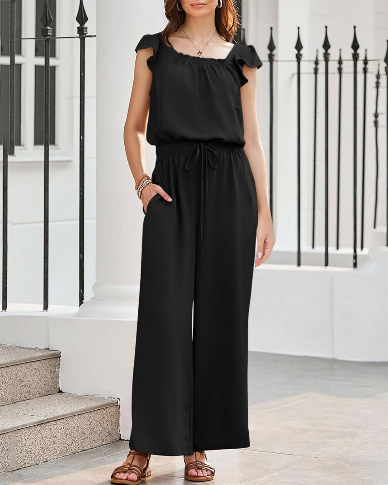 Women's Linen Ruffle Sleeve Solid Color Jumpsuit