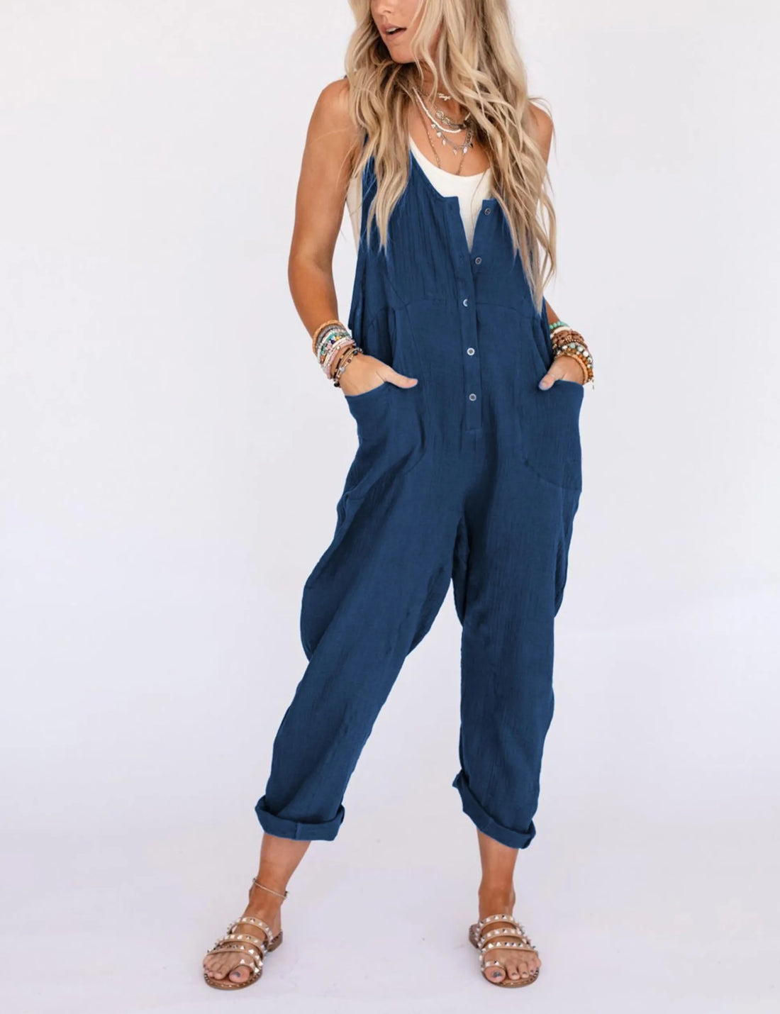 Women's Summer Loose Pocket Button Jumpsuit