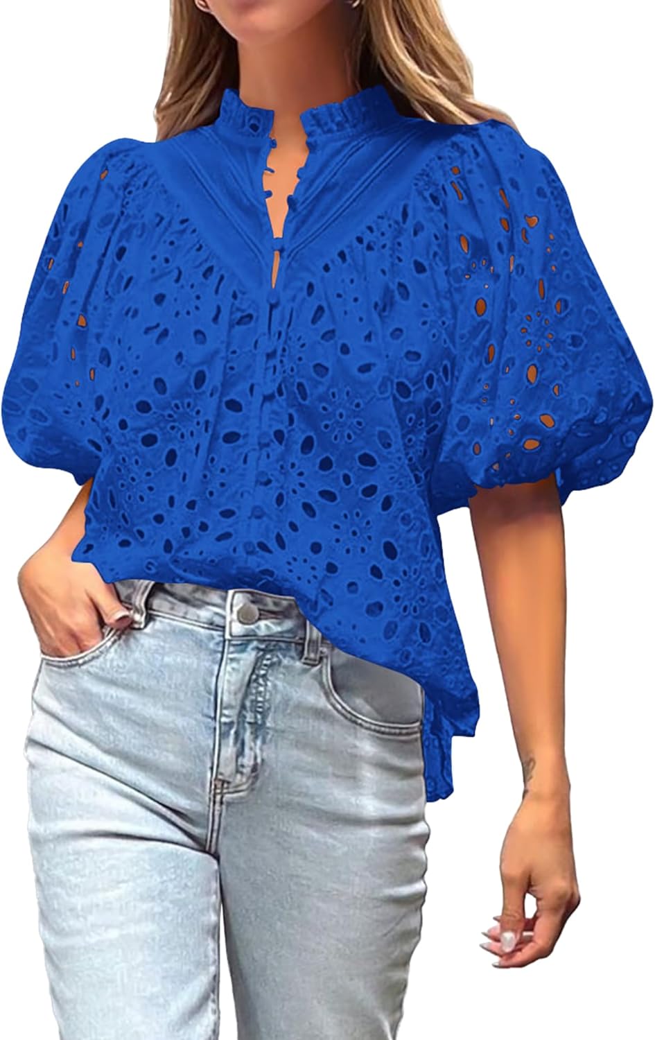 Women's Hollow Embroidered V Neck Shirt Top