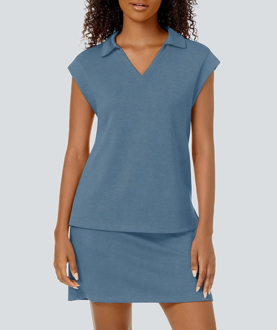 Women's Casual Sports Cap Sleeve Lapel Shirt Skirt Two-Piece Set