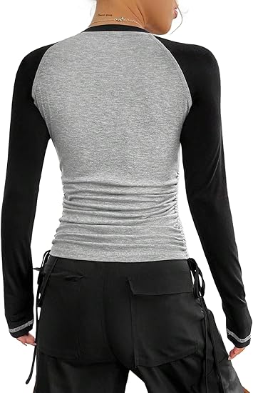 Women's Long Sleeve Raglan T Shirt Color Block Tee Drawstring Side Ruched Top