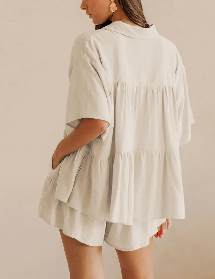 Women's Summer Ruffle Shirt and High Waist Shorts Set