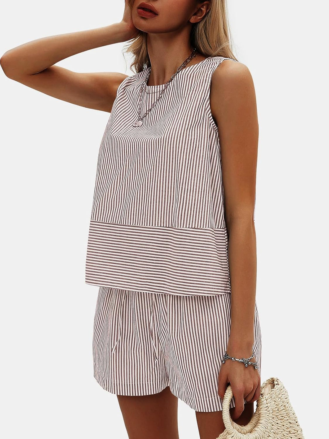 Women's Striped Sleeveless Vest Shorts Two-piece Set