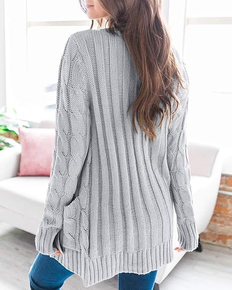 Women‘s Chunky Cable Knit Casual Cardigan Solid Color Button Down Open Front Loose Sweater Outwear