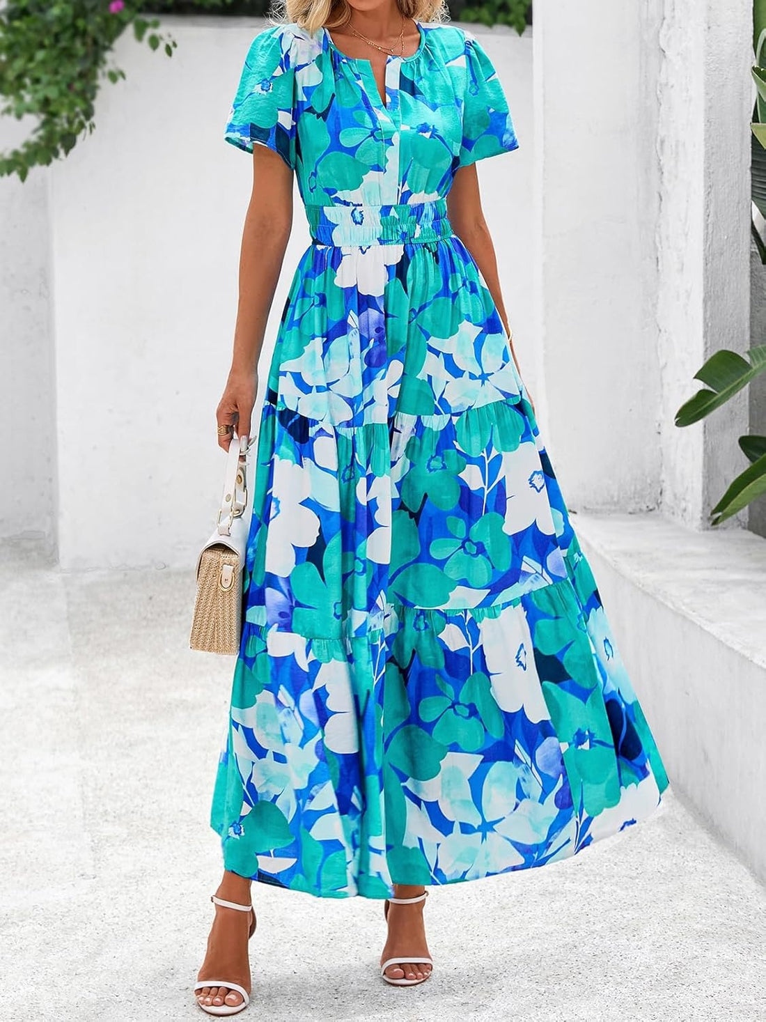 Women's Summer Floral Short Sleeve V Neck Elastic Waist Tiered Maxi Dress Pockets