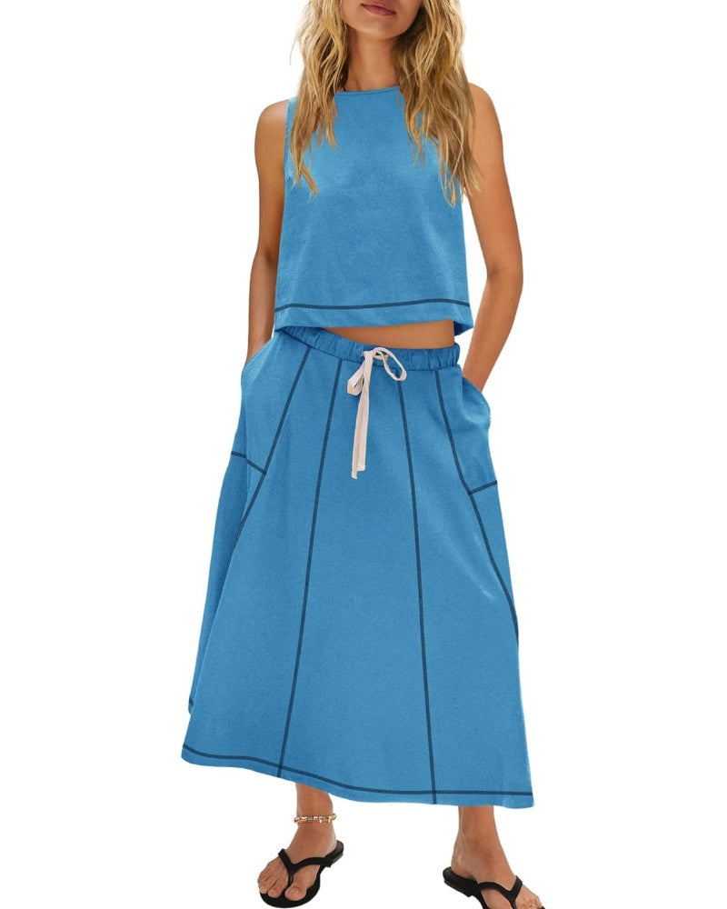 Women's Summer Vacation Sleeveless Tank Top Skirt Two Piece Set with Pockets