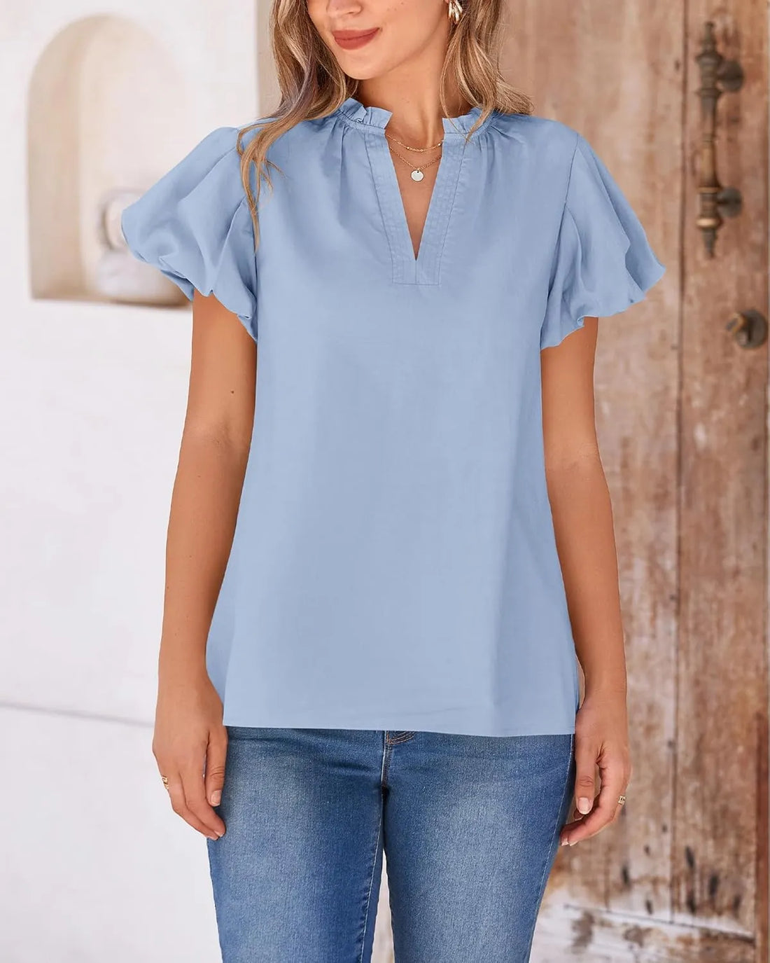 Womens Spring Summer Tops Dressy V Neck Puff Short Sleeve Blouses