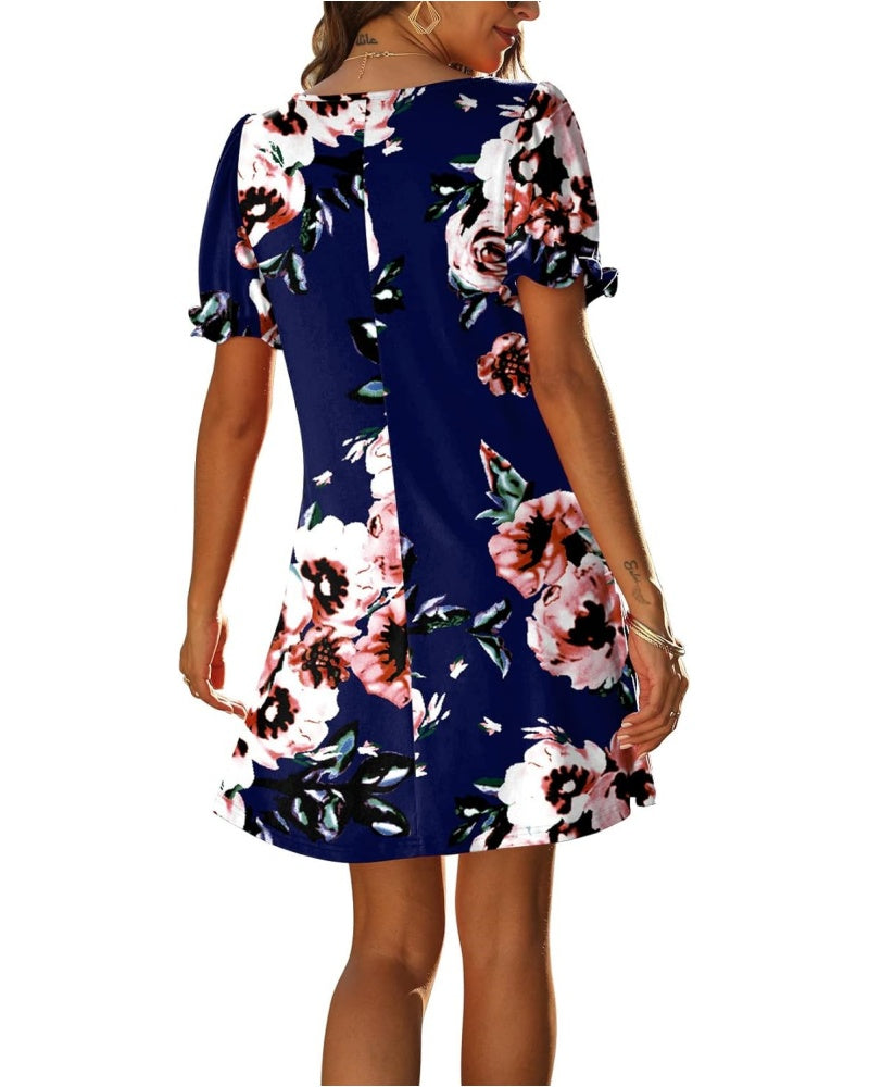 Women's V Neck Printed Puff Sleeve Dress with Pockets