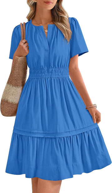 Women's Casual V Neck Sundress Smocked Waist A Line Tiered Mini Dress