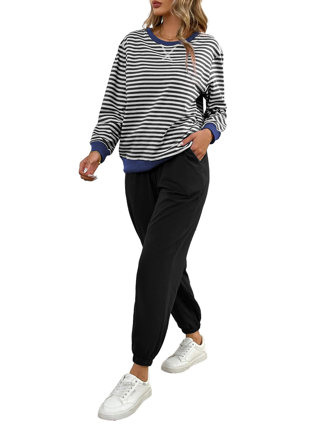 Women's Cozy 2 Piece Outfits Lounge Sets Striped Color Block Long Sleeve Tops Jogger Sweatpants