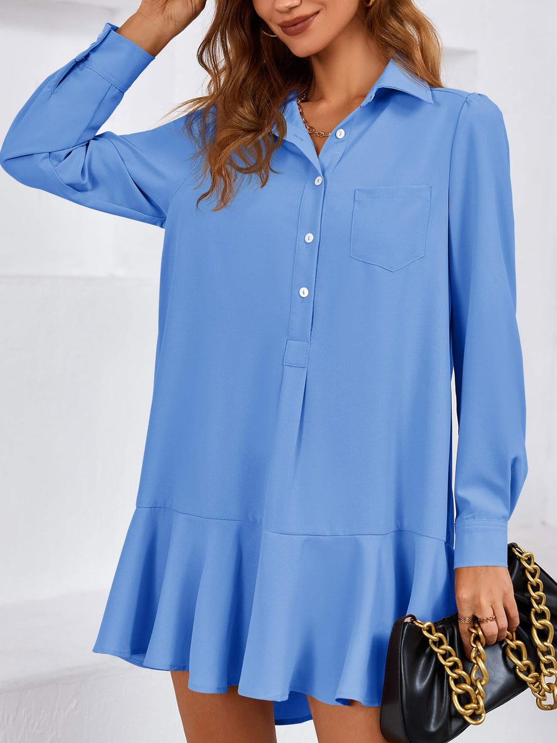 Womens Casual Button Down Shirt Dress Long Sleeve Collared Pleated Swing Mini Dresses