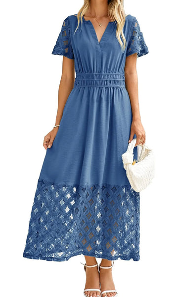 Women's V-neck High-Waisted Long Flowing Lace Bohemian Dress With Pockets
