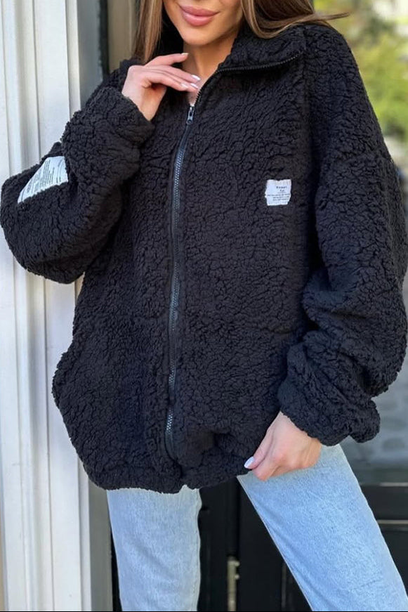 Solid Color Casual Long Sleeve Zipper Pocket Loose Jacket